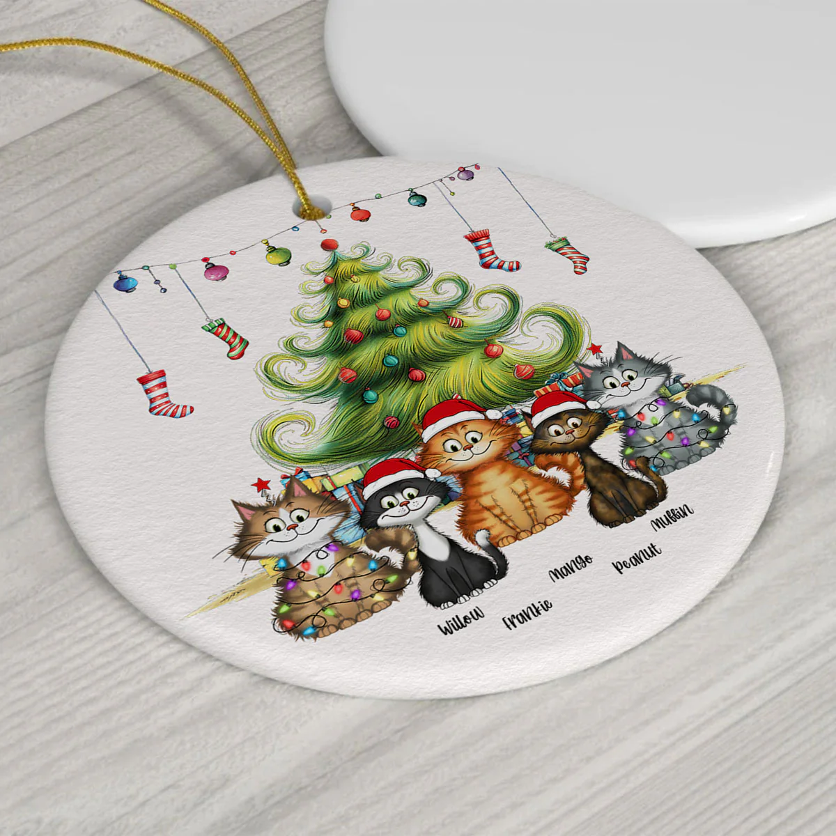 Quirky Christmas Tree Cats Whimsical Personalized Circle Ceramic Ornament - Image 8