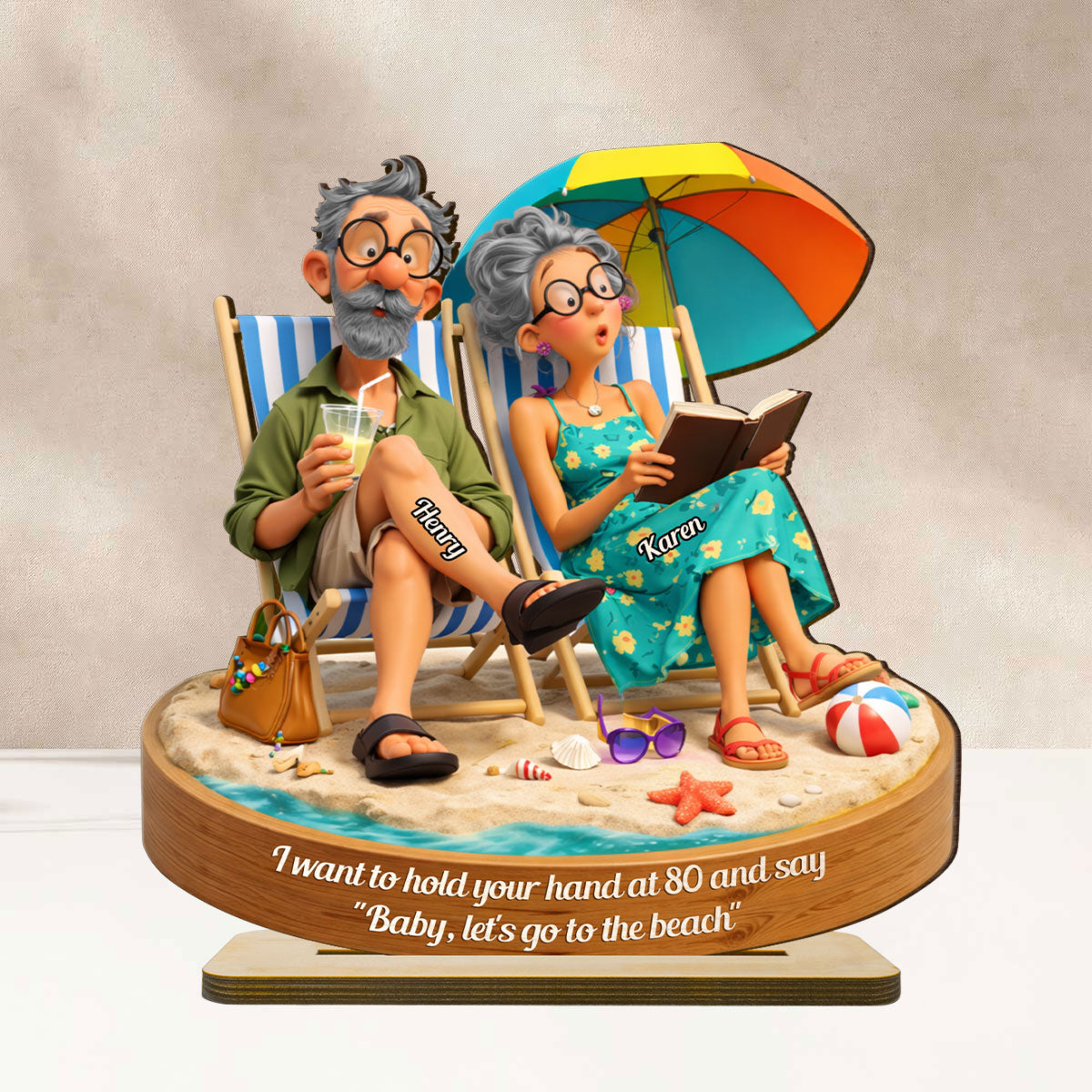 Quirky Elderly Couple On The Beach - Personalized 2-Layered Wooden Plaque - Heartfelt Anniversary, Valentine's Day Gift, Gift For Him, Gift For Her - Image 5