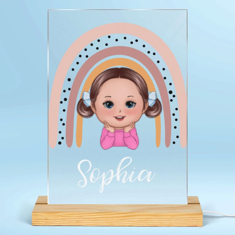 Rainbow Doll Kids Chin On Hands Personalized Rectangle Acrylic Plaque LED Lamp Night Light For Nursery Room Bedroom - Image 3