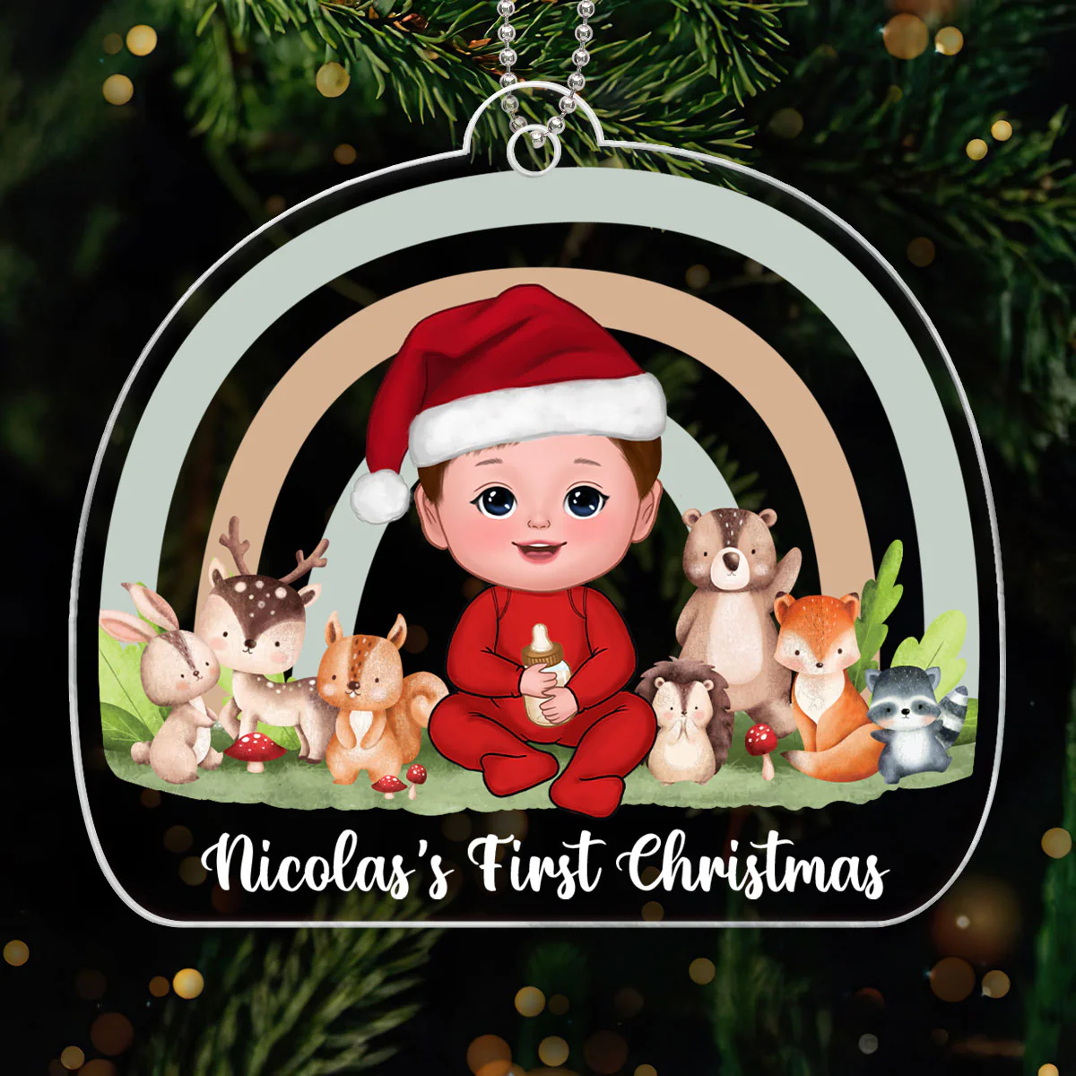 Rainbow Woodland Animals Baby's First Christmas Personalized Acrylic Ornament