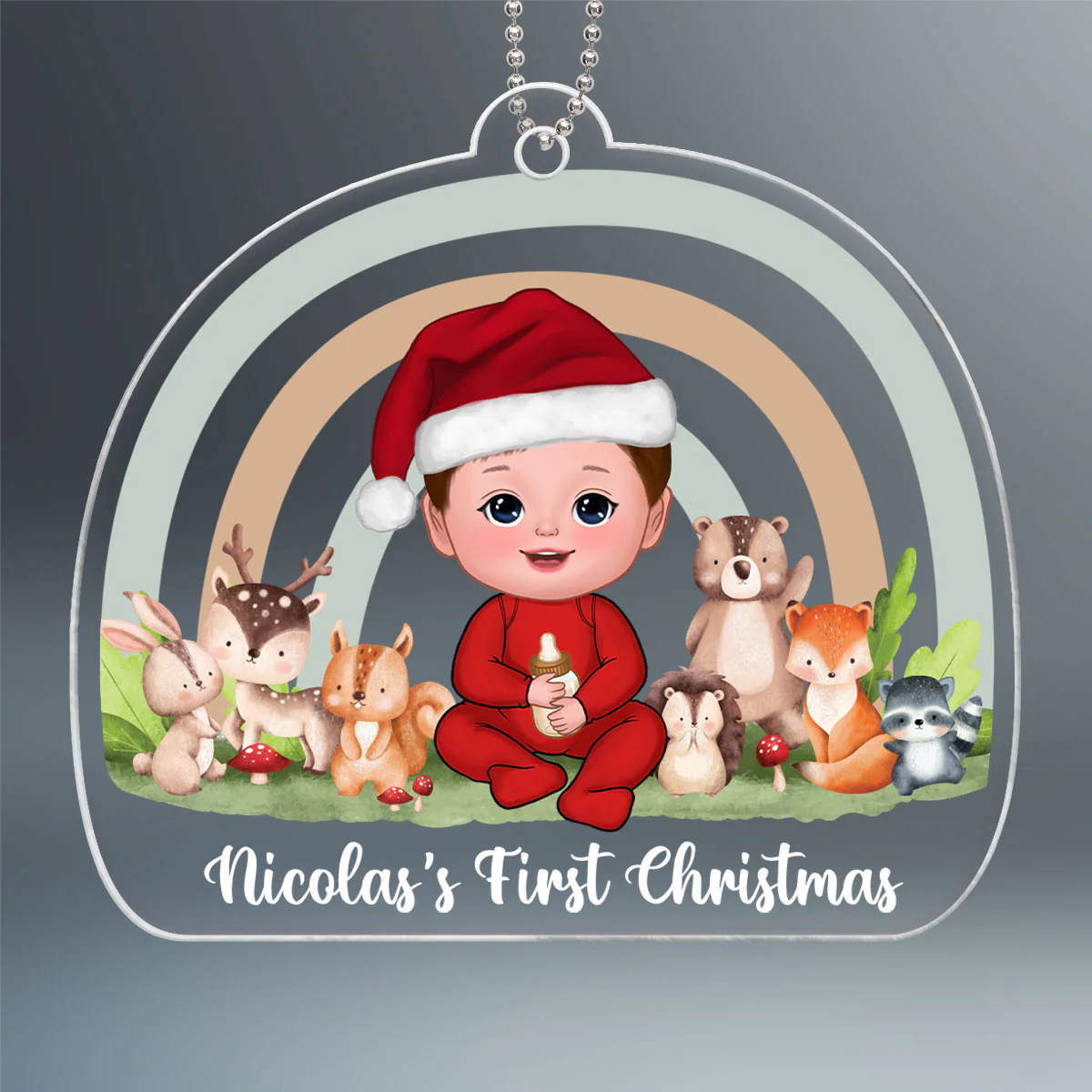 Rainbow Woodland Animals Baby's First Christmas Personalized Acrylic Ornament - Image 2