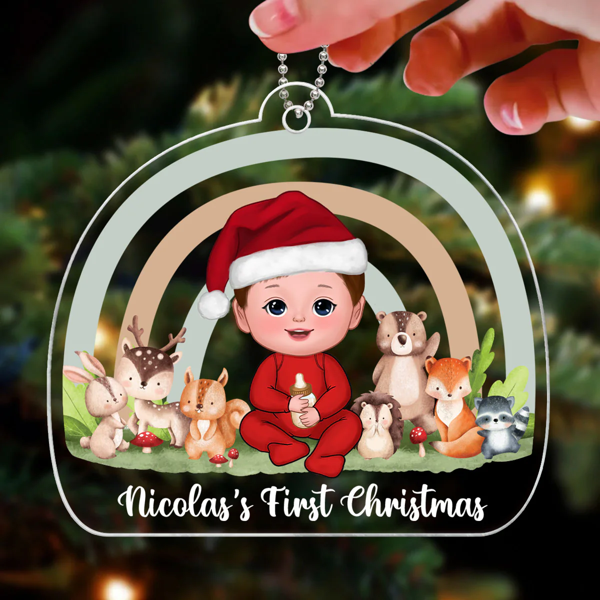 Rainbow Woodland Animals Baby's First Christmas Personalized Acrylic Ornament - Image 3