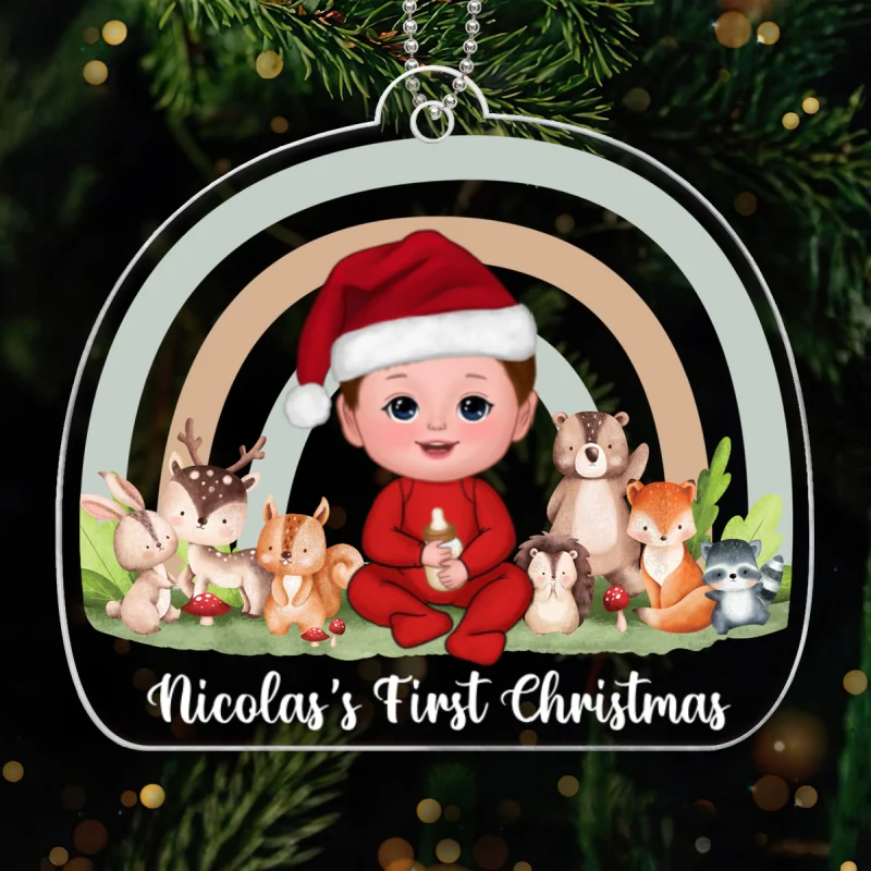 Rainbow Woodland Animals Baby's First Christmas Personalized Acrylic Ornament - Image 5