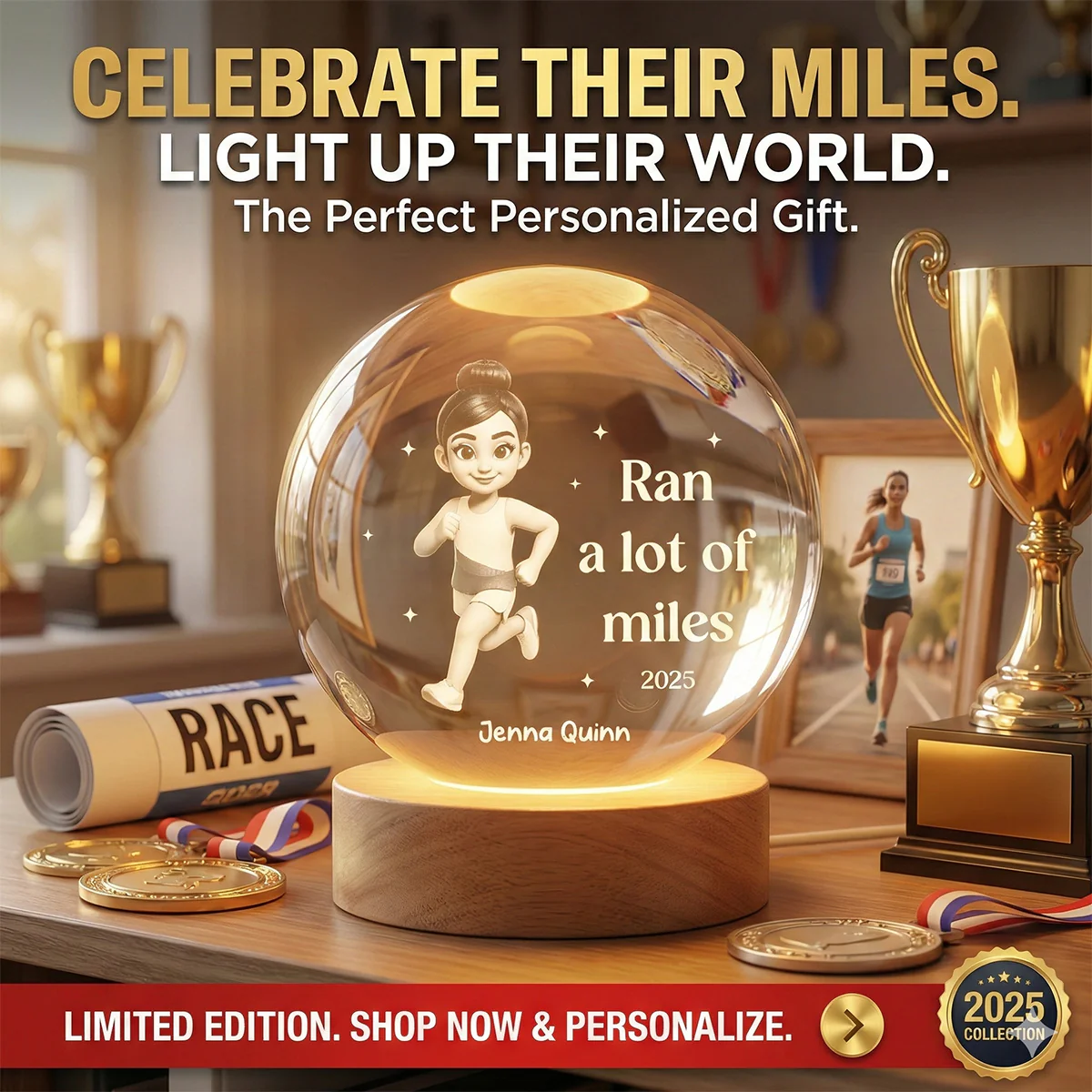 Ran A Lot Of Miles Running Boy Girl - Personalized Crystal Ball LED Night Light - Gift for Marathon Runner, Track Senior Night Gift - Image 10