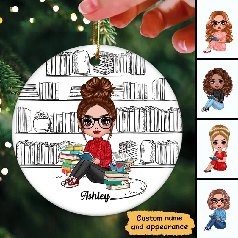 Reading Book Girl Outline Background Personalized Circle Ornament - Image 2