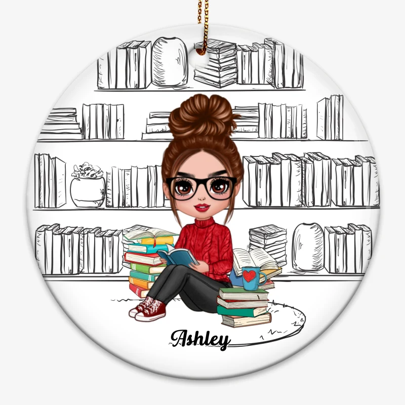 Reading Book Girl Outline Background Personalized Circle Ornament - Image 3