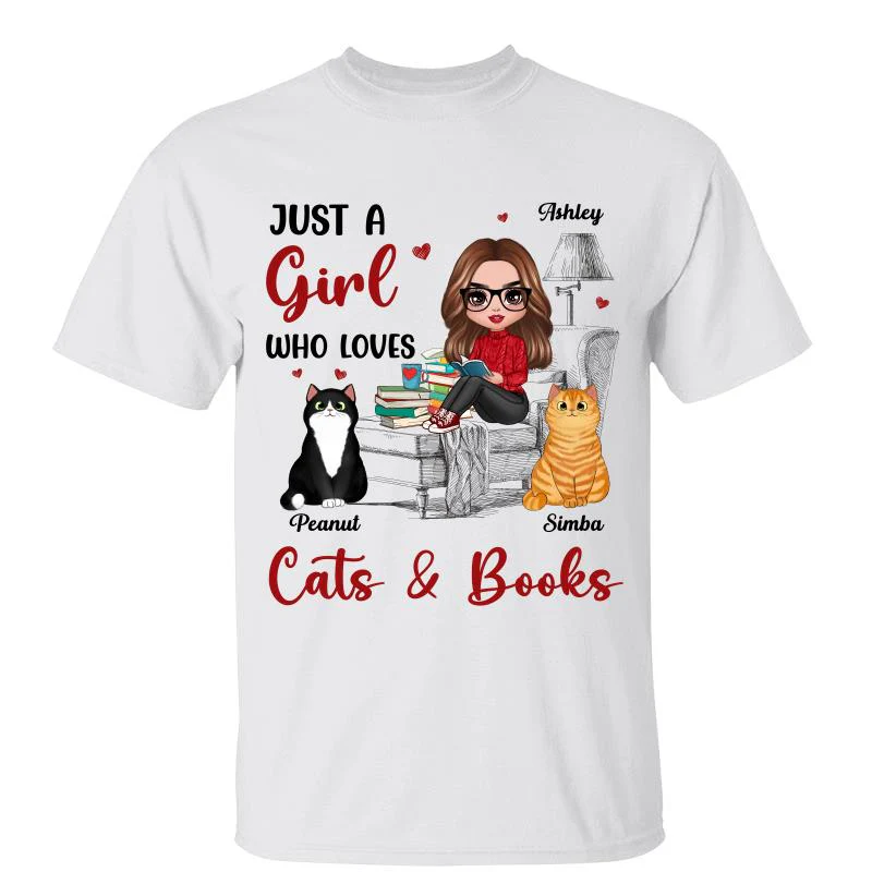 Reading Books Girl And Cats Outline Personalized Shirt
