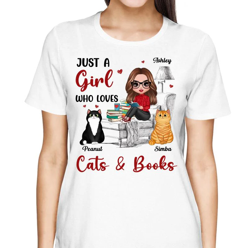 Reading Books Girl And Cats Outline Personalized Shirt - Image 2