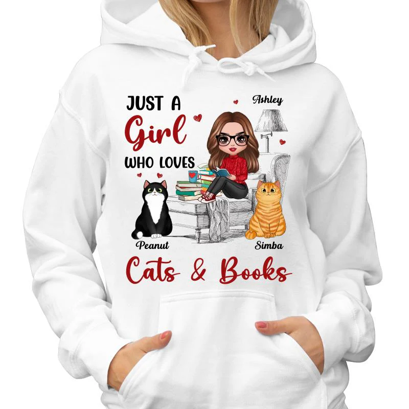 Reading Books Girl And Cats Outline Personalized Shirt - Image 4