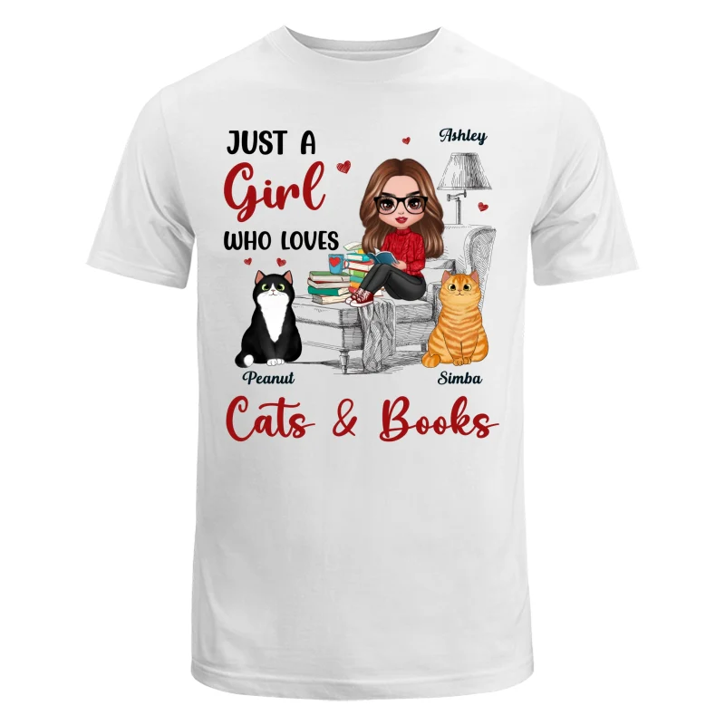 Reading Books Girl And Cats Outline Personalized Shirt - Image 5
