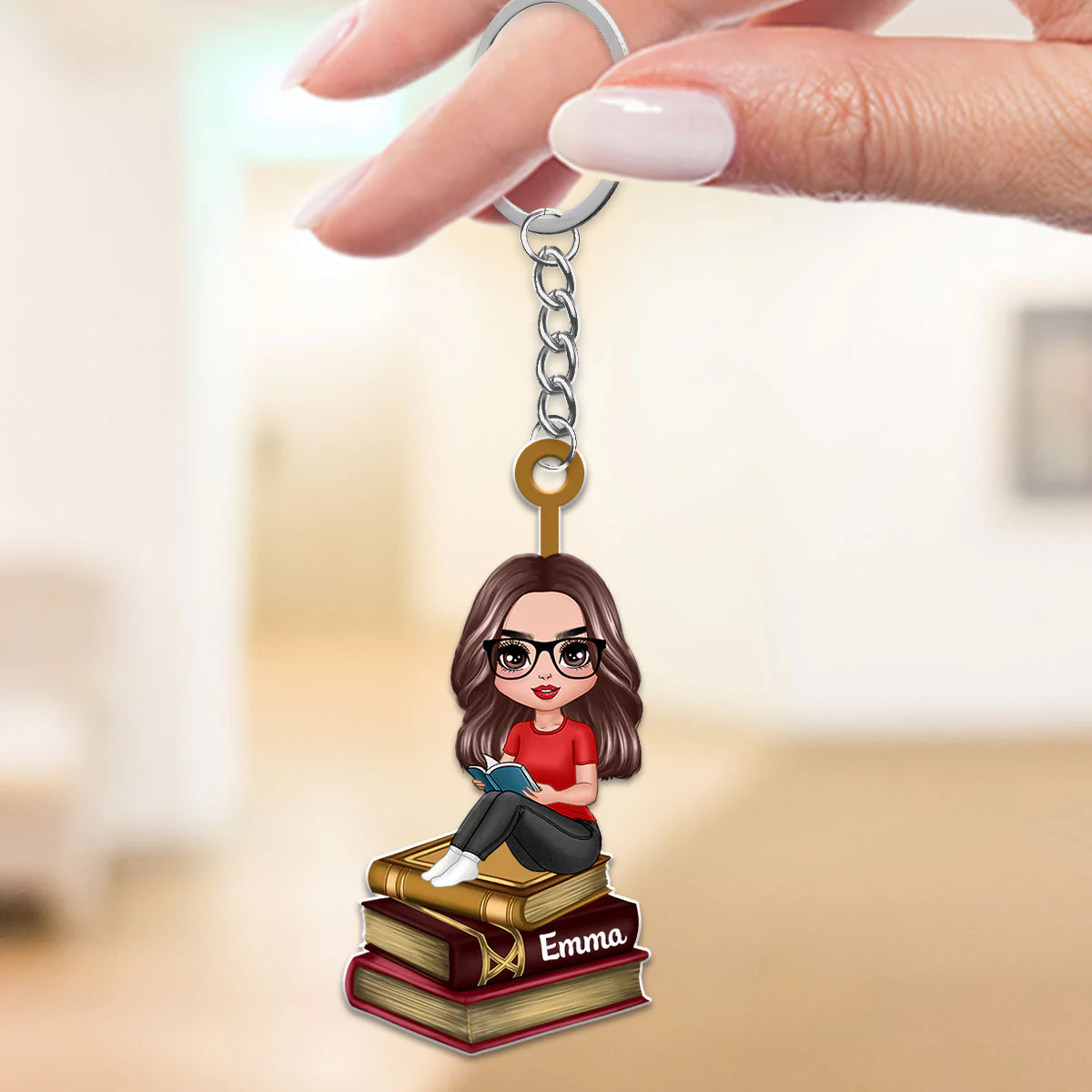 Reading Girls Sitting On Books Personalized Acrylic Keychain - Gift For Book Lover