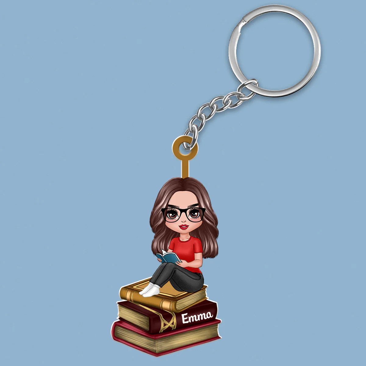 Reading Girls Sitting On Books Personalized Acrylic Keychain - Gift For Book Lover - Image 2