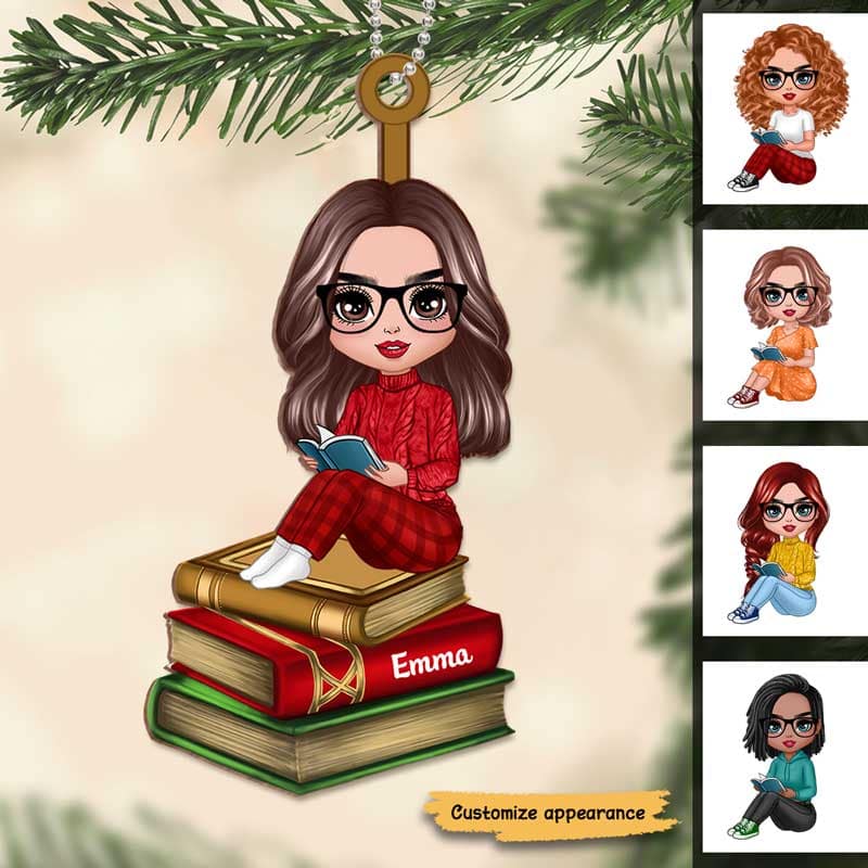 Reading Girls Sitting On Books Personalized Wooden Ornament - Image 2