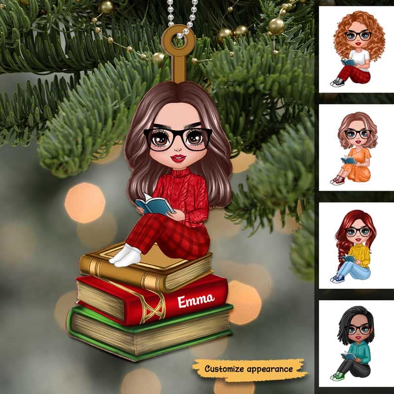 Reading Girls Sitting On Books Personalized Wooden Ornament - Image 3