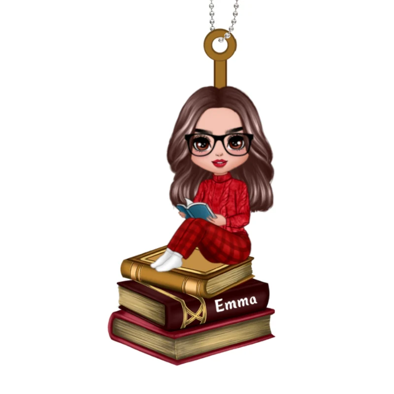 Reading Girls Sitting On Books Personalized Wooden Ornament - Image 4