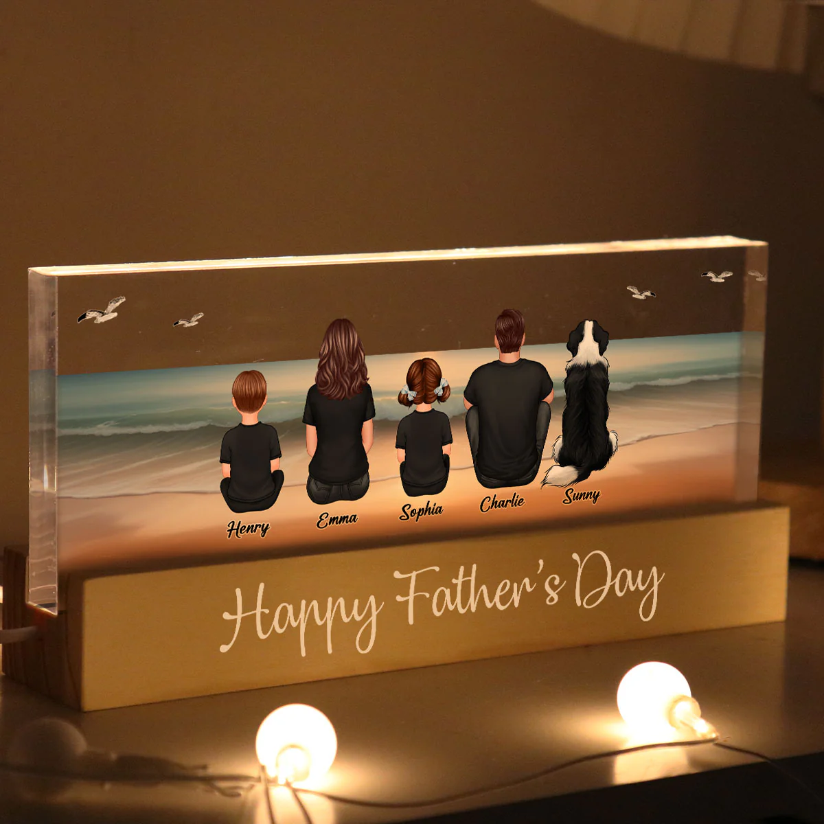 Eternal Family Love Beach Landscape - Personalized Acrylic Block Plaque LED Night Light - Gift For Dad, Gift For Husband, Gift For Grandpa
