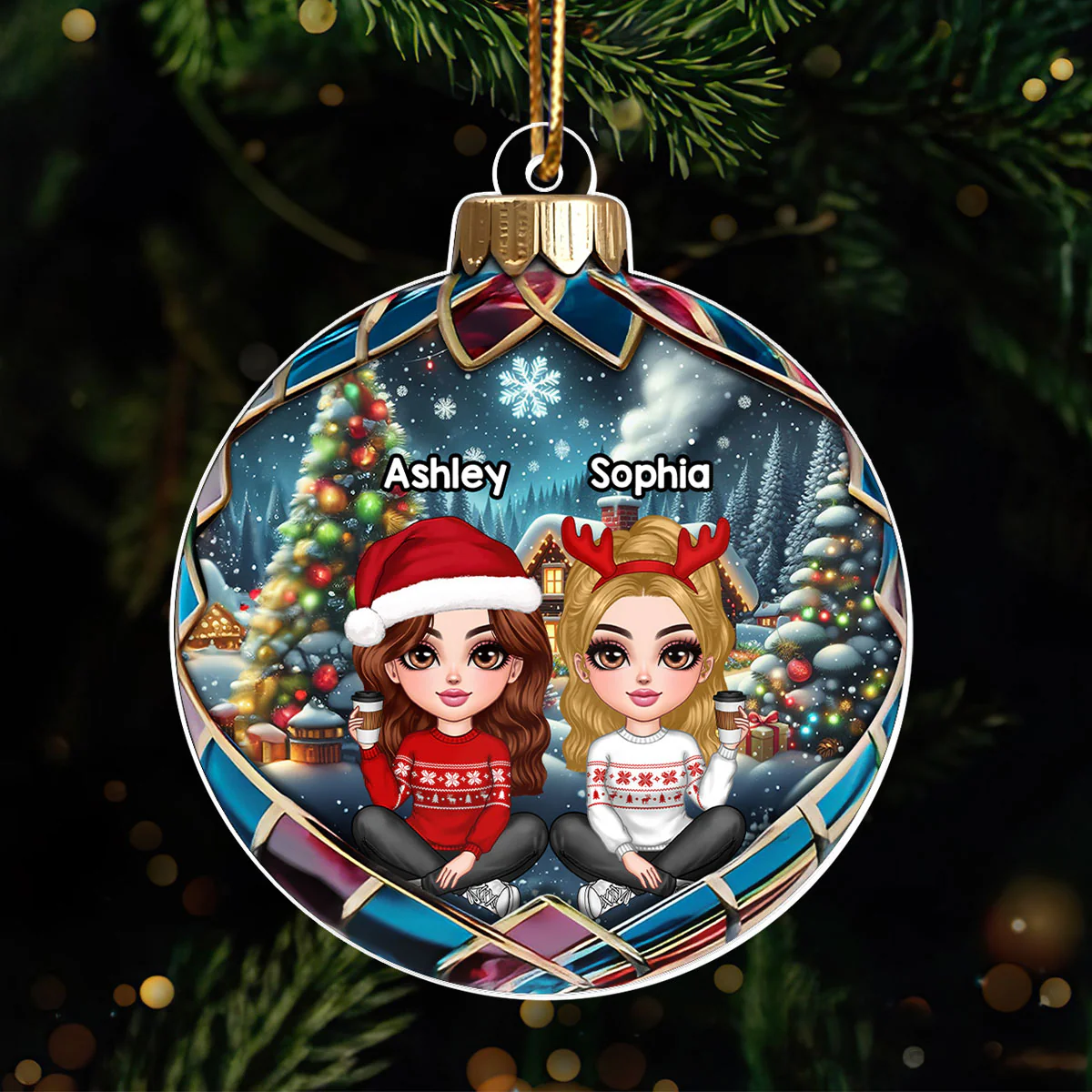 Realistic Christmas Winter Scene Besties Sisters Personalized Acrylic Ornament, Christmas Gift for Besties, Sisters, Friends - Image 2