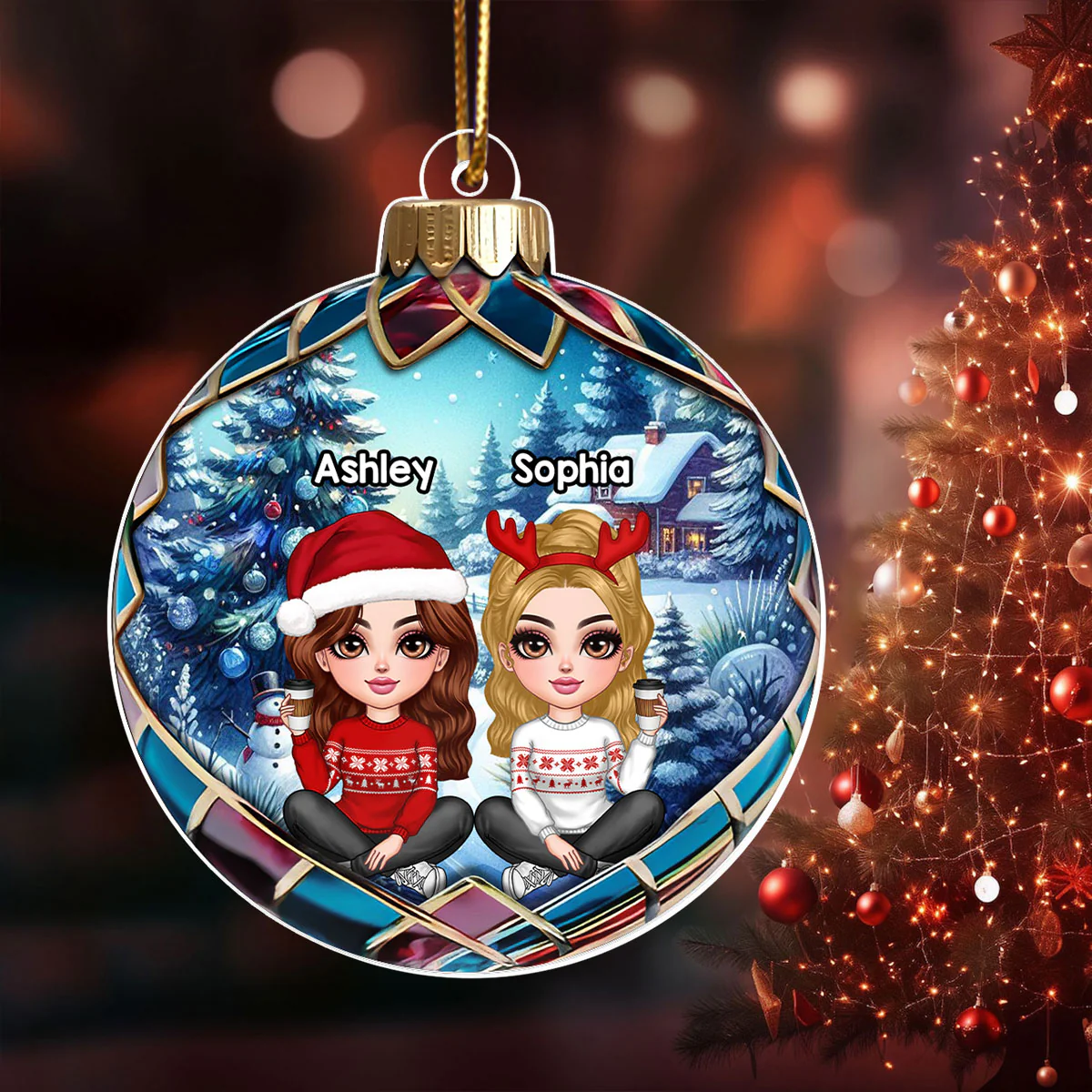 Realistic Christmas Winter Scene Besties Sisters Personalized Acrylic Ornament, Christmas Gift for Besties, Sisters, Friends - Image 3