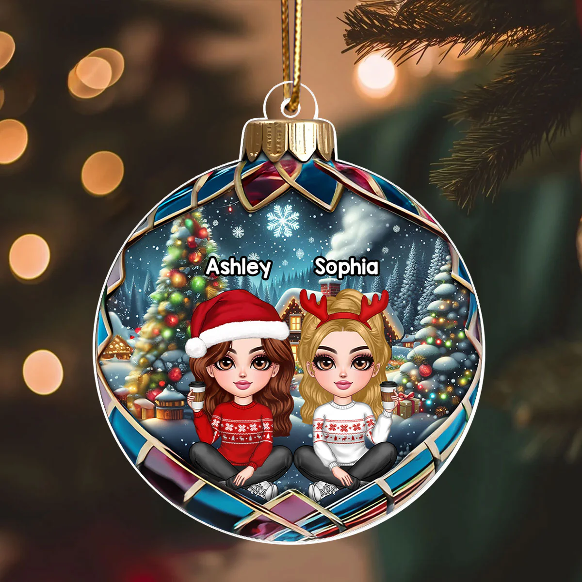 Realistic Christmas Winter Scene Besties Sisters Personalized Acrylic Ornament, Christmas Gift for Besties, Sisters, Friends - Image 4