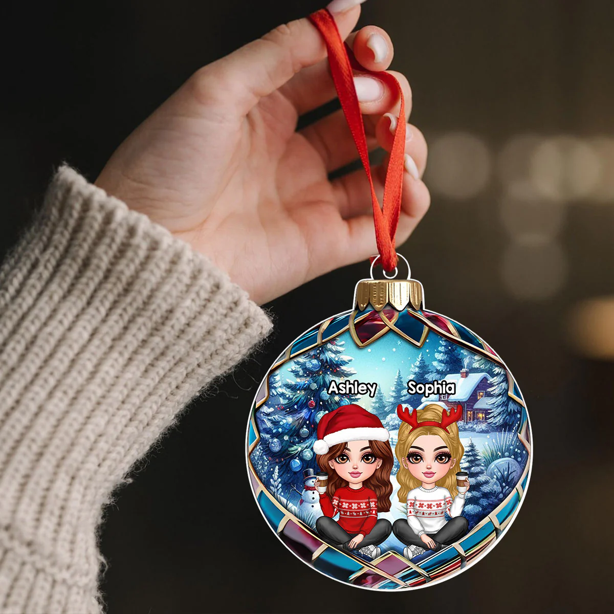 Realistic Christmas Winter Scene Besties Sisters Personalized Acrylic Ornament, Christmas Gift for Besties, Sisters, Friends - Image 5