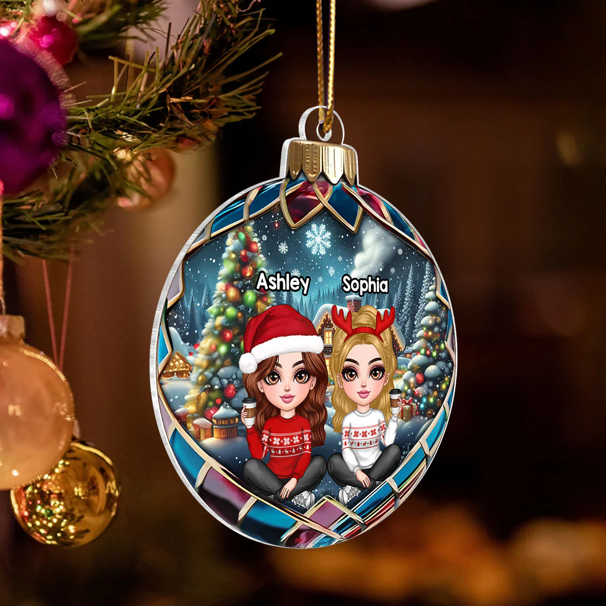 Realistic Christmas Winter Scene Besties Sisters Personalized Acrylic Ornament, Christmas Gift for Besties, Sisters, Friends - Image 6