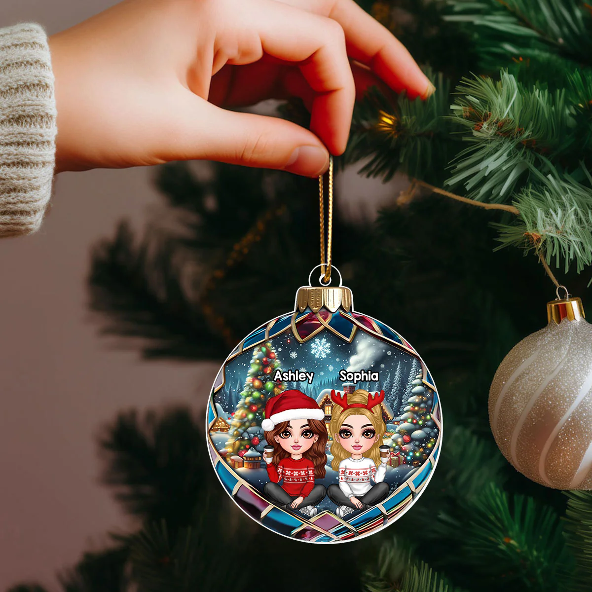 Realistic Christmas Winter Scene Besties Sisters Personalized Acrylic Ornament, Christmas Gift for Besties, Sisters, Friends - Image 7