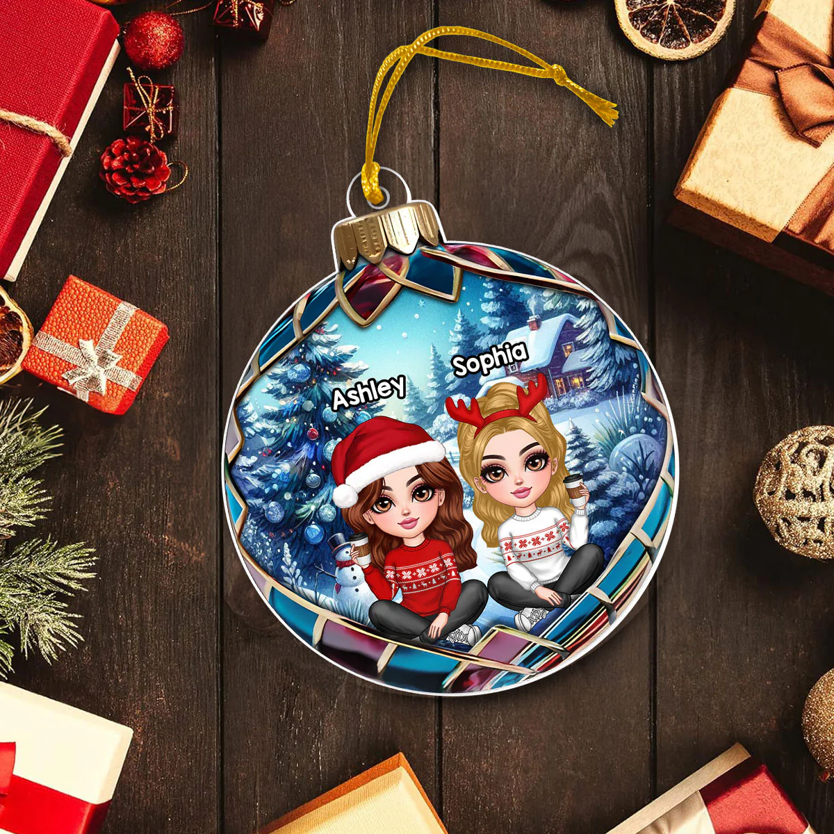 Realistic Christmas Winter Scene Besties Sisters Personalized Acrylic Ornament, Christmas Gift for Besties, Sisters, Friends - Image 8