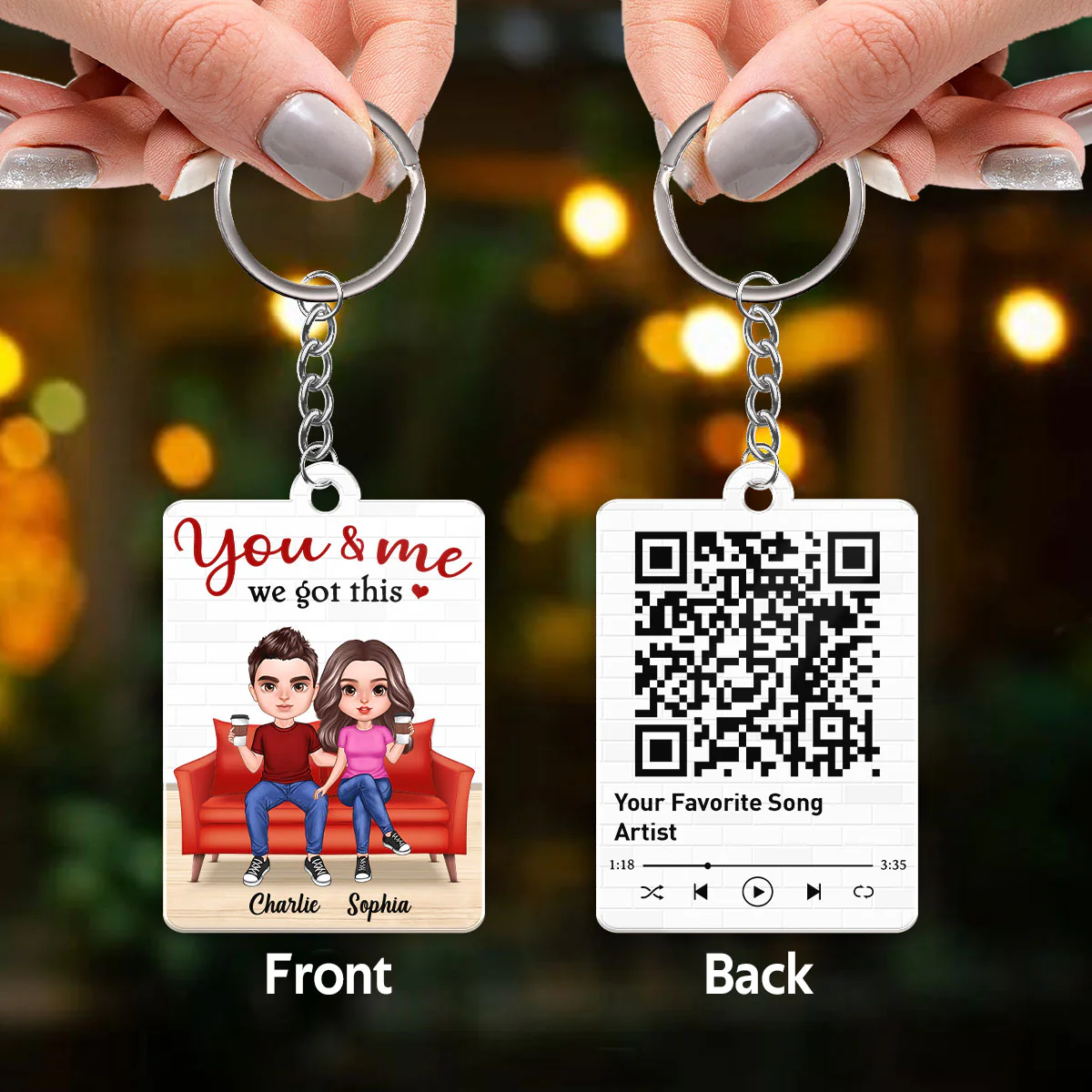 Realistic Doll Couple On Sofa Favorite Song Scannable QR Code Personalized Acrylic Keychain - Image 3