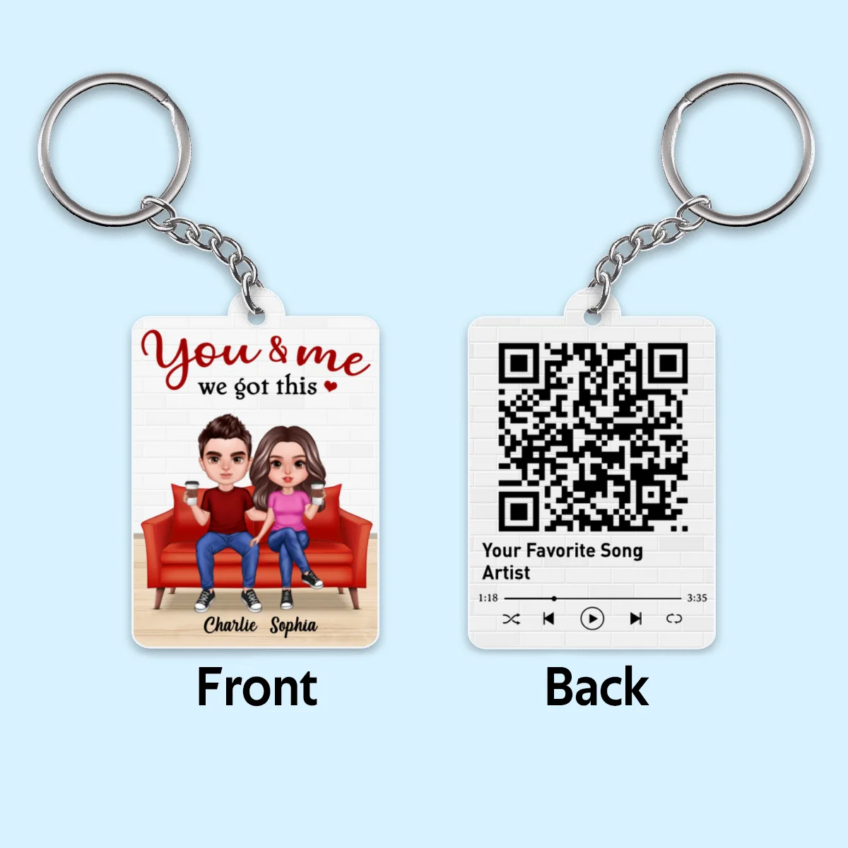 Realistic Doll Couple On Sofa Favorite Song Scannable QR Code Personalized Acrylic Keychain - Image 4