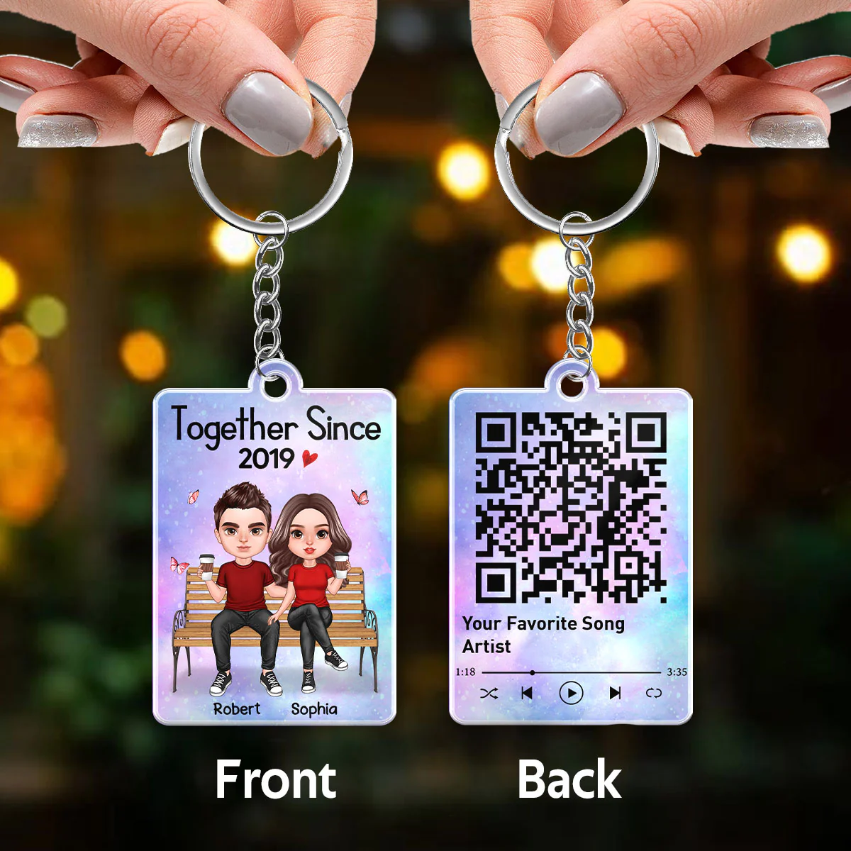 Realistic Doll Couple Sitting On Chair Favorite Song QR Code Personalized Acrylic Keychain - Image 3