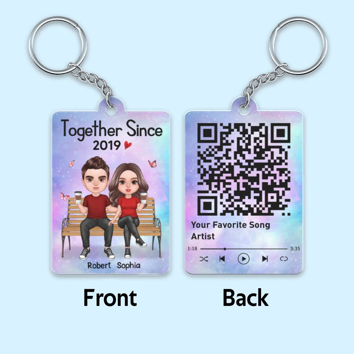 Realistic Doll Couple Sitting On Chair Favorite Song QR Code Personalized Acrylic Keychain - Image 4