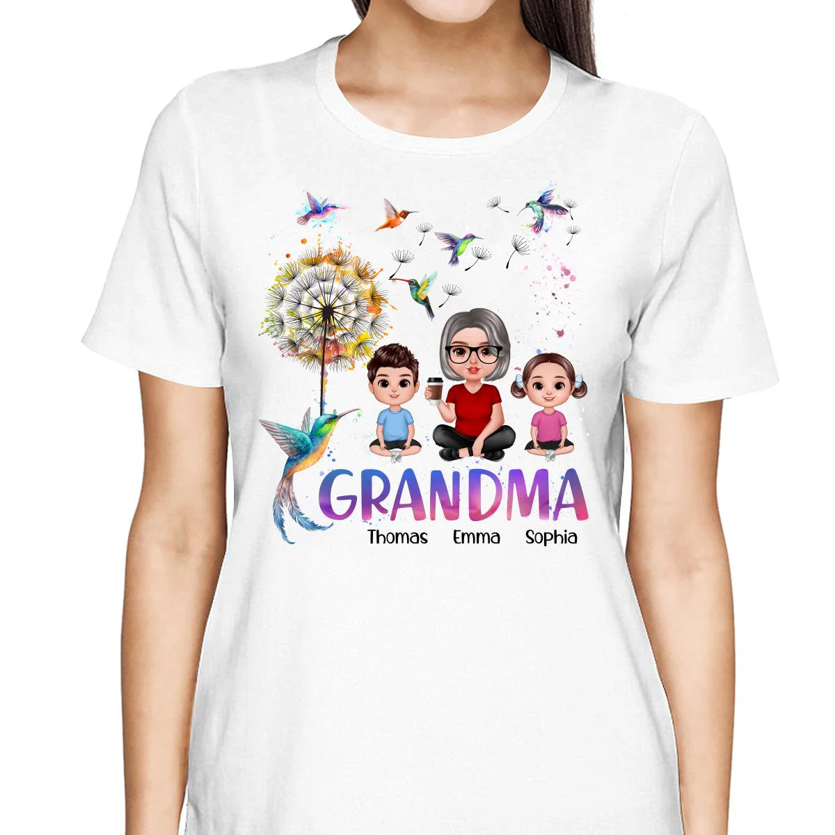 Realistic Doll Grandma Grankids Hummingbird Dandelion Personalized Shirt - Image 2