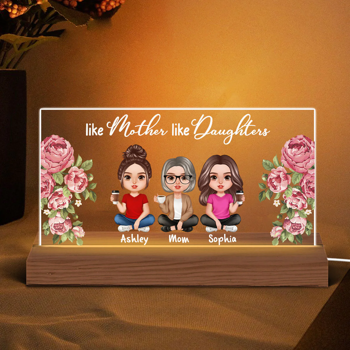 Realistic Doll Mother Daughter Flower Frame Personalized Acrylic Custom Shape LED Night Light - Image 3