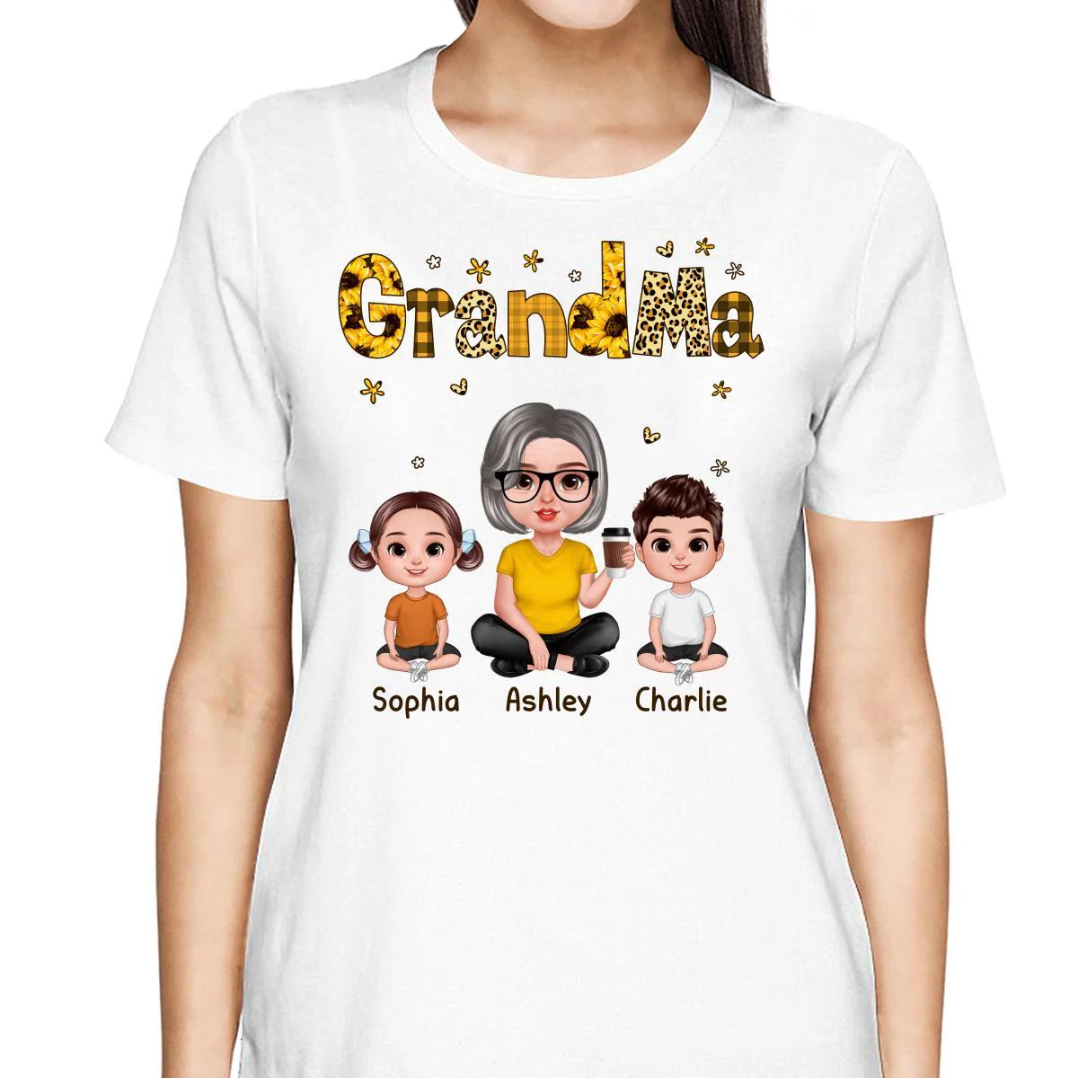 Realistic Grandma Grandkids Yellow Pattern Personalized Shirt - Image 2