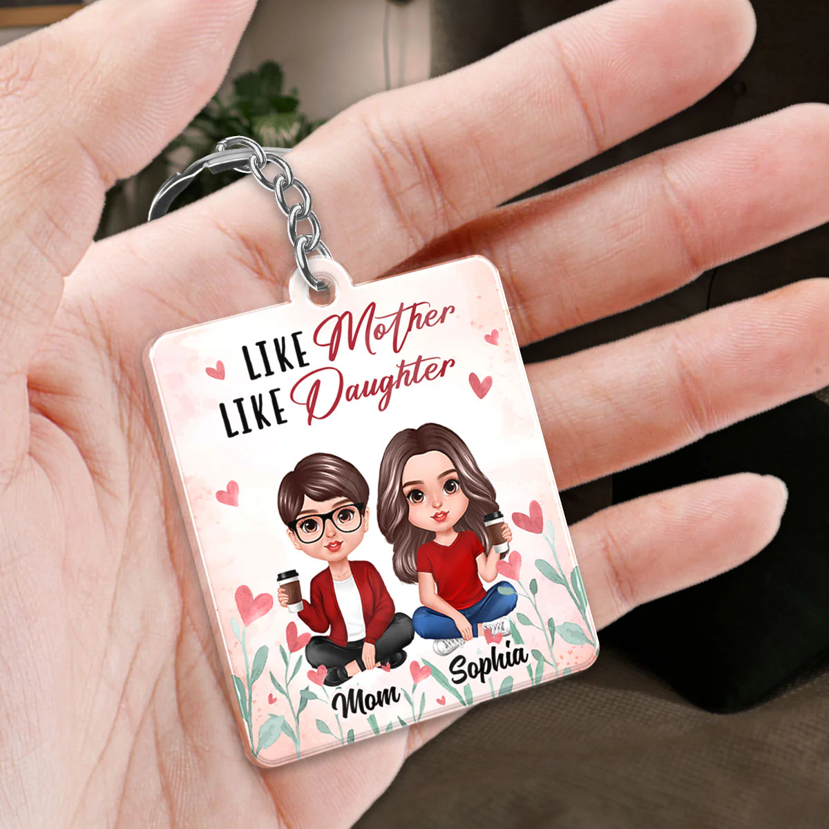 Realistic Mother Daughter Sitting Heart Flower Calendar Date Personalized Wooden Keychain - Image 2