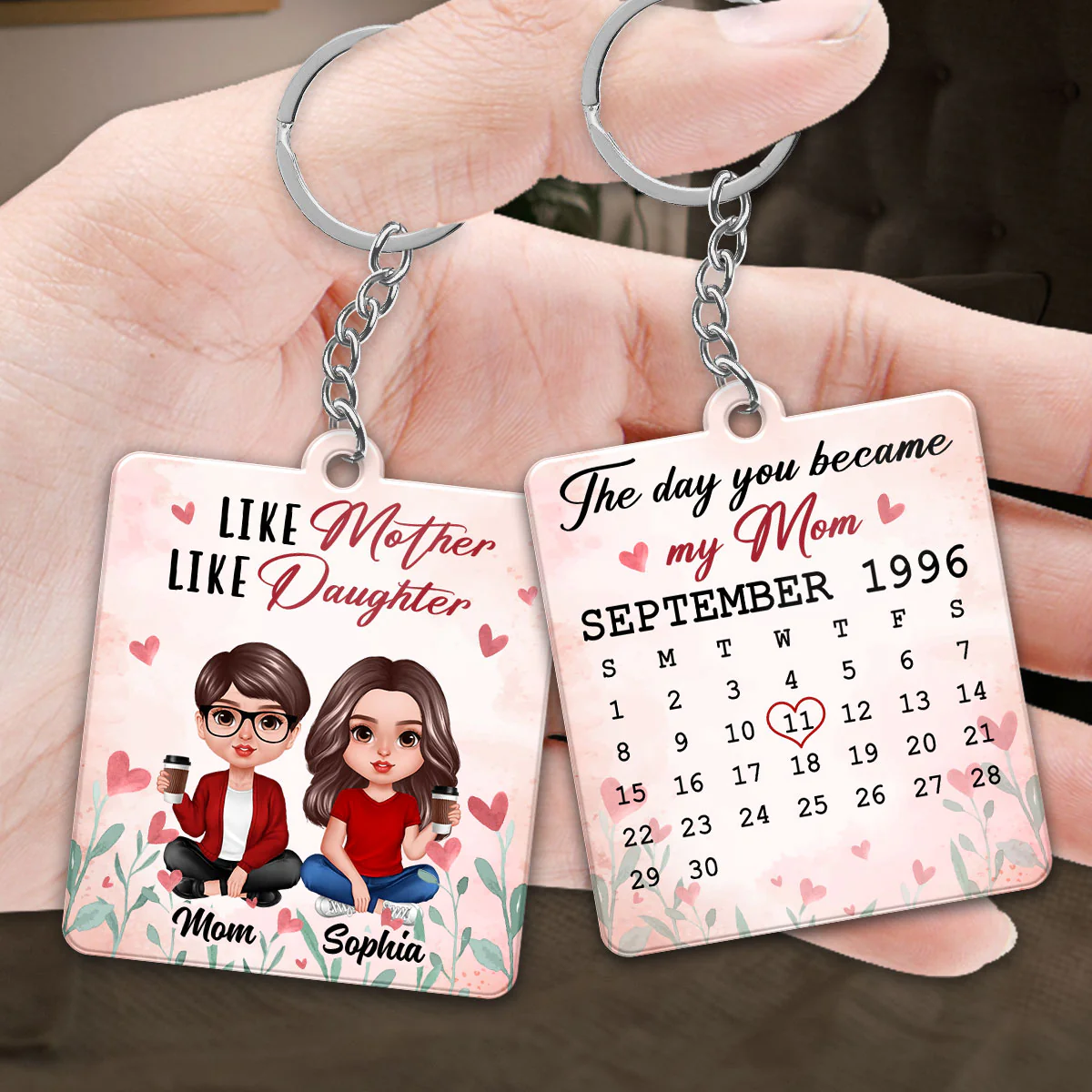 Realistic Mother Daughter Sitting Heart Flower Calendar Date Personalized Wooden Keychain - Image 3