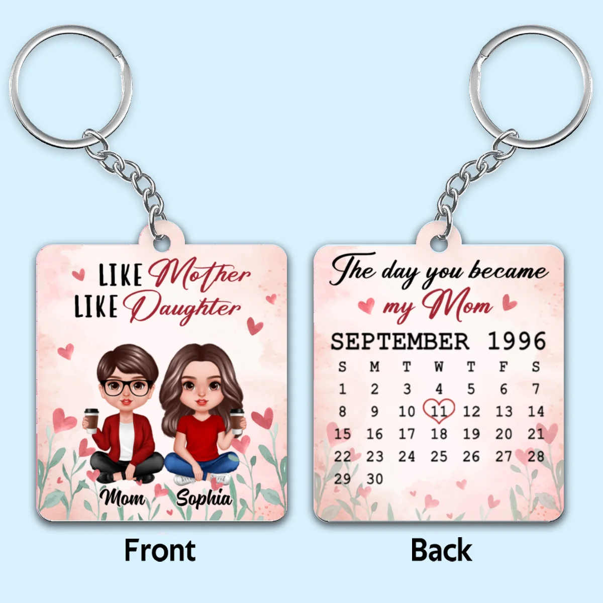 Realistic Mother Daughter Sitting Heart Flower Calendar Date Personalized Wooden Keychain - Image 4
