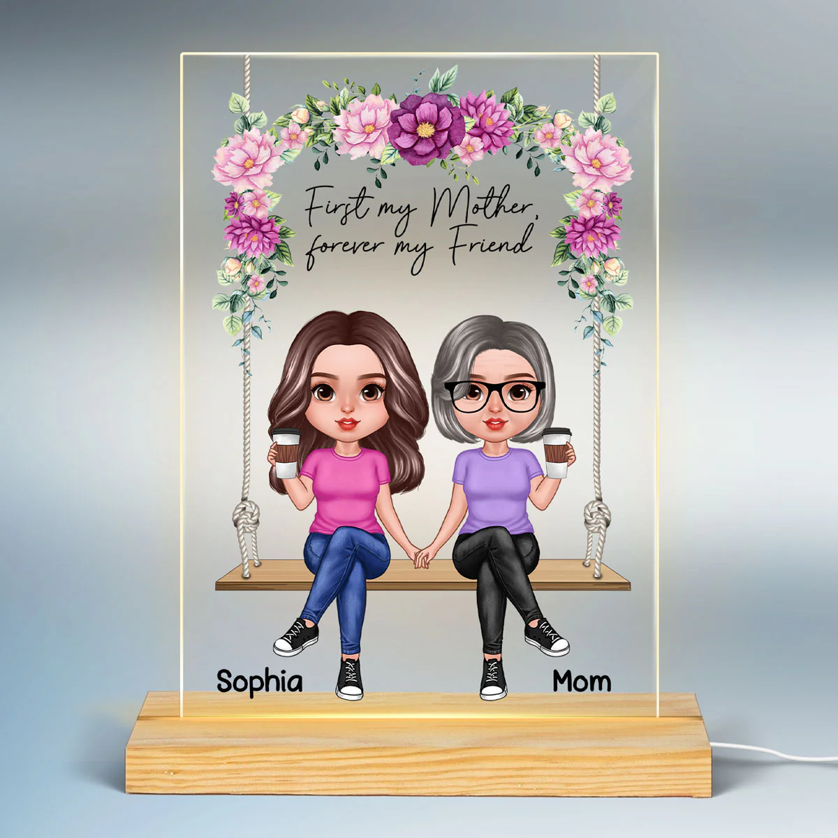 Realistic Mother Daughters Sitting On Floral Swing Personalized Acrylic LED Night Light - Image 2
