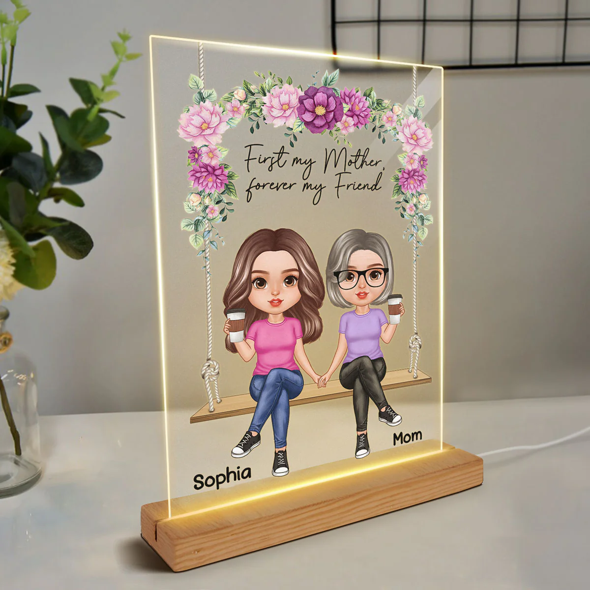 Realistic Mother Daughters Sitting On Floral Swing Personalized Acrylic LED Night Light - Image 3