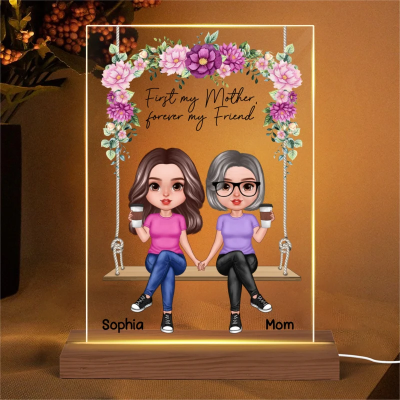 Realistic Mother Daughters Sitting On Floral Swing Personalized Acrylic LED Night Light - Image 4