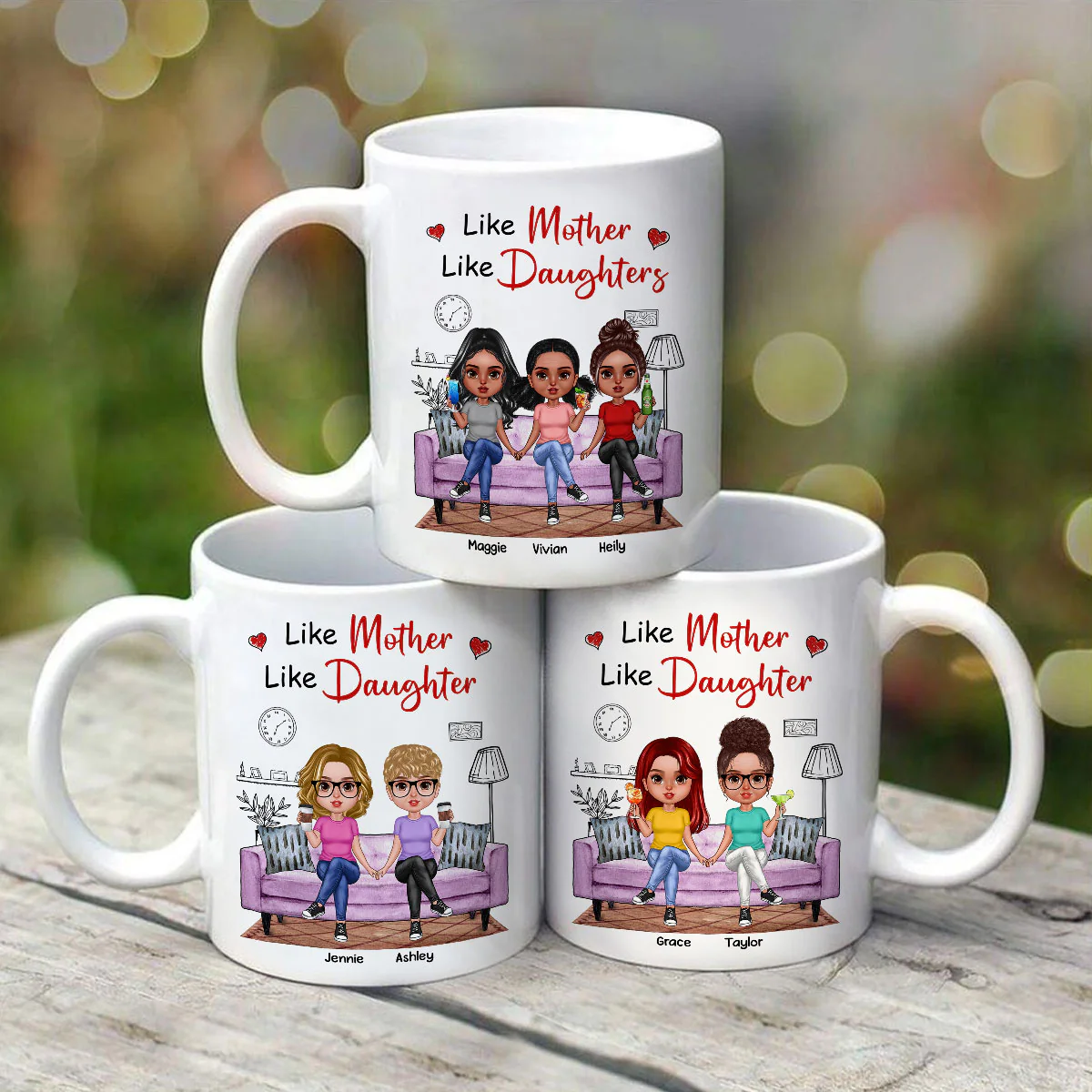 Realistic Mother Daughters Sitting On Sofa Personalized Mug - Image 2