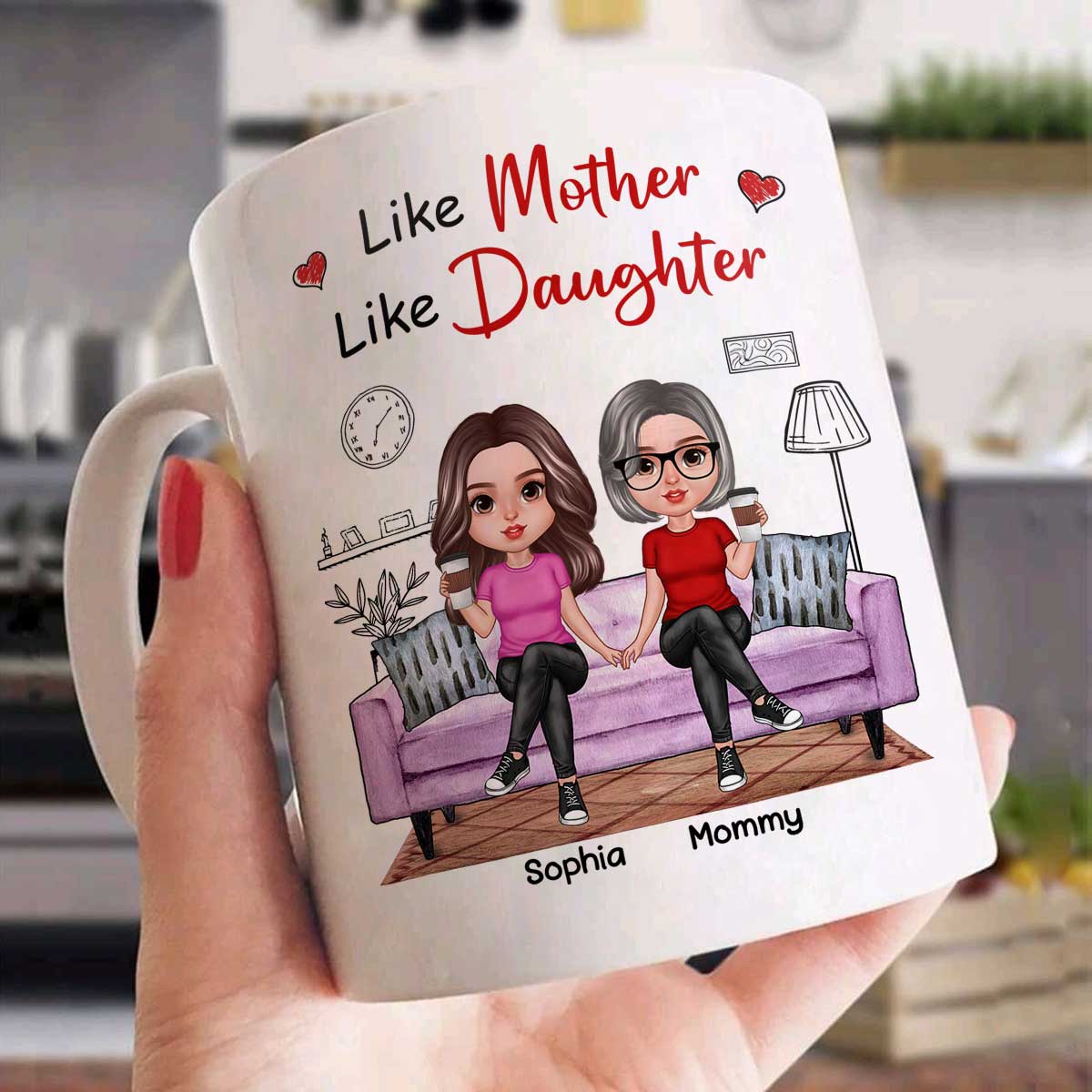 Realistic Mother Daughters Sitting On Sofa Personalized Mug - Image 3