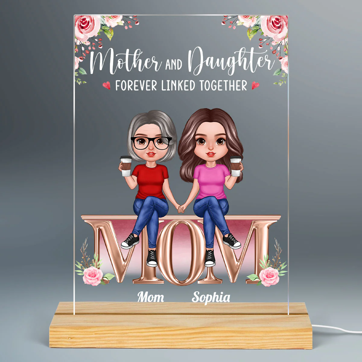 Realistic Mother Daughters Sitting On Text Personalized Acrylic LED Night Light - Image 2