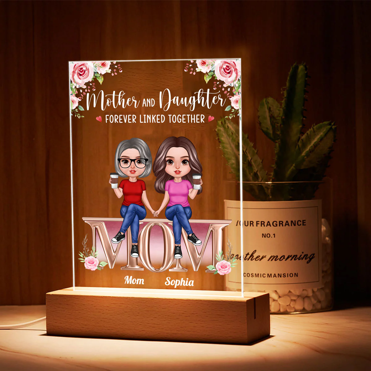 Realistic Mother Daughters Sitting On Text Personalized Acrylic LED Night Light - Image 3