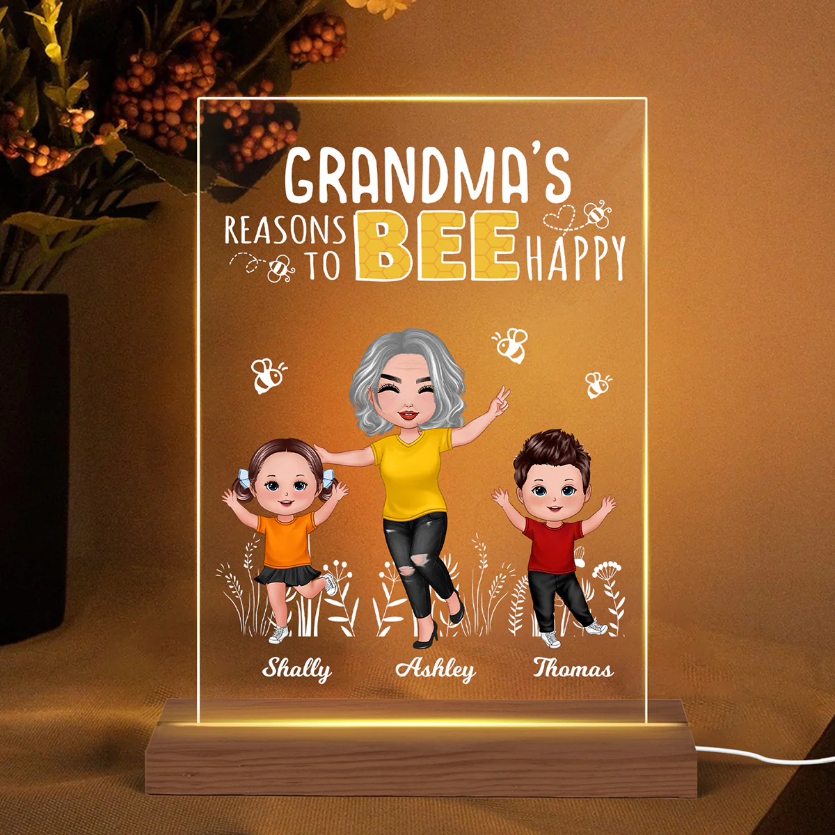 Reasons Bee Happy Doll Grandma & Grandkids Personalized Rectangle Acrylic Plaque With LED Night Light - Gift For Grandma, Mom