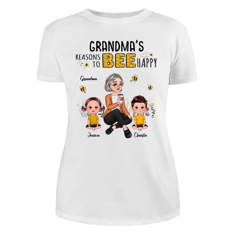 Reasons Bee Happy Pretty Cartoon Grandma & Doll Kids Personalized Shirt - Image 9