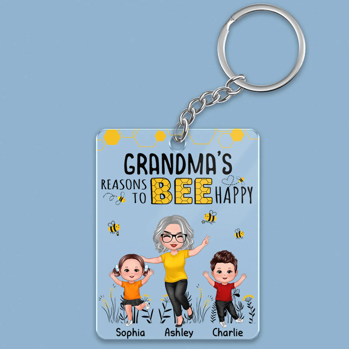 Reasons To Bee Happy Doll Grandma Grandkids Personalized Acrylic Keychain - Image 2