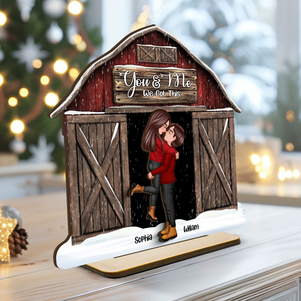 Red Barn Christmas Couple Kissing Personalized 2-Layer Standing Wooden Plaque, Christmas Tiered Tray Decor - Image 4