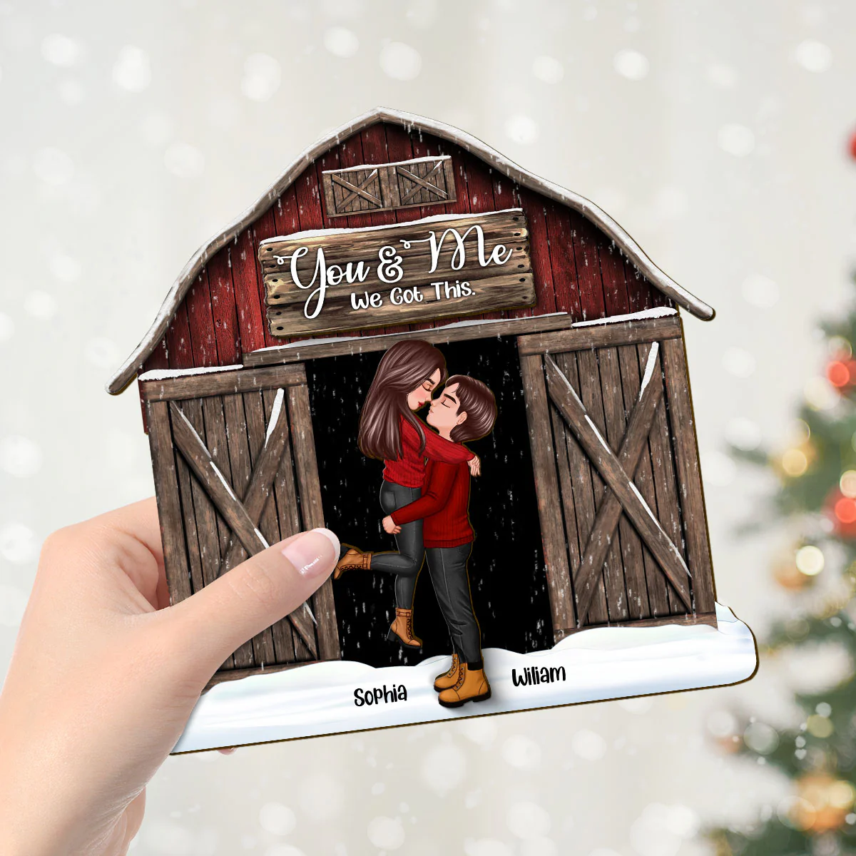 Red Barn Christmas Couple Kissing Personalized 2-Layer Standing Wooden Plaque, Christmas Tiered Tray Decor - Image 5