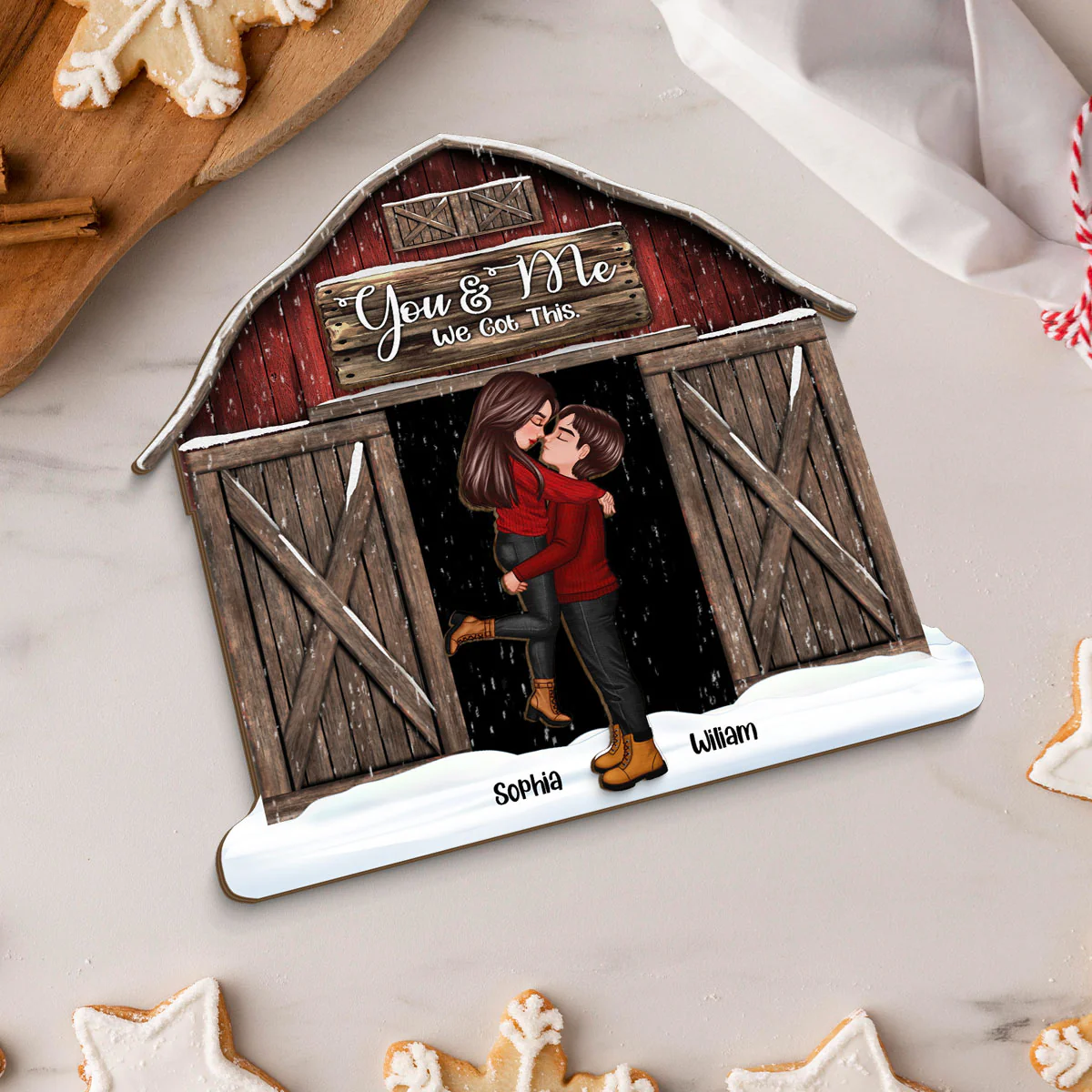 Red Barn Christmas Couple Kissing Personalized 2-Layer Standing Wooden Plaque, Christmas Tiered Tray Decor - Image 6